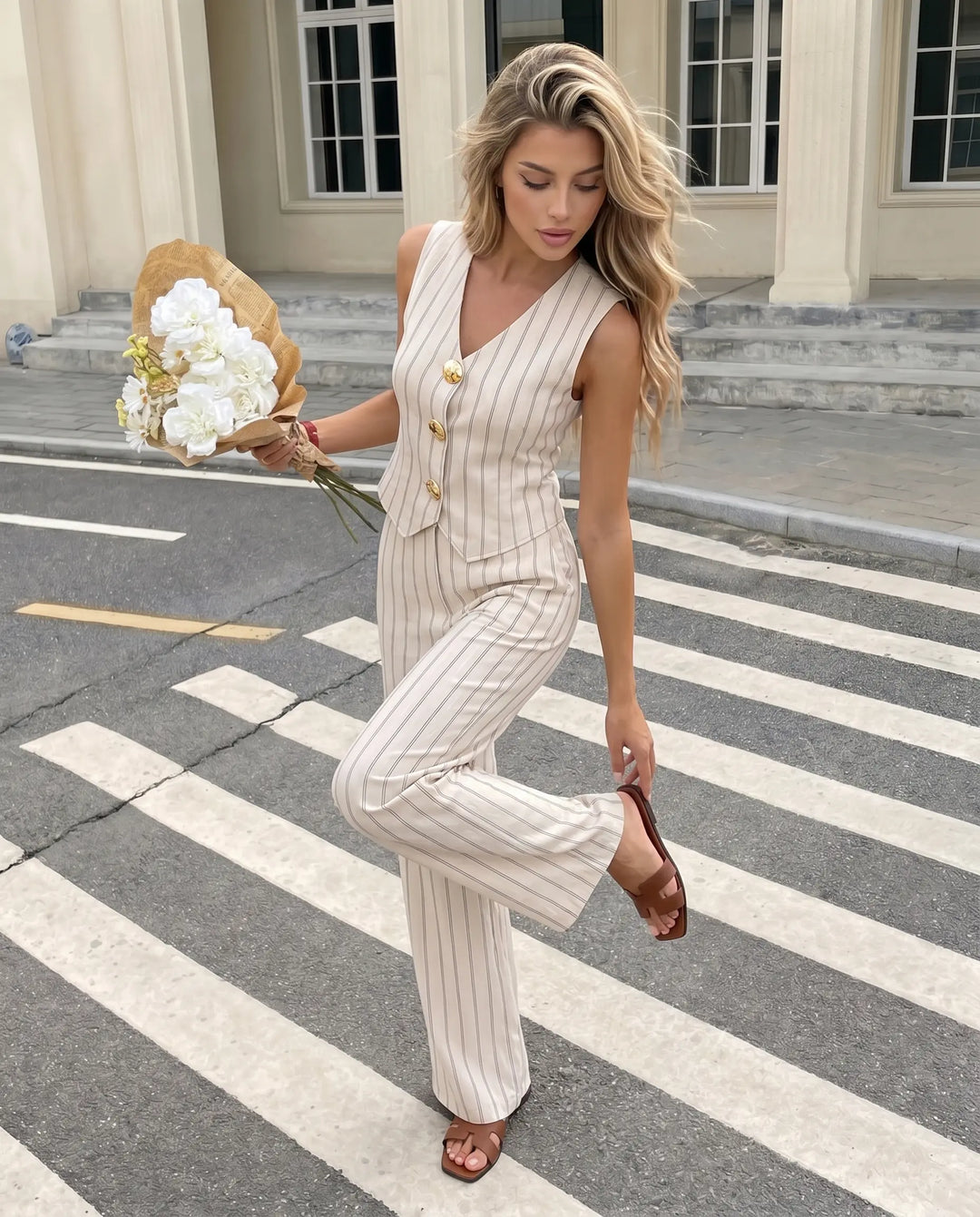 SOLACE  Beige Striped Button Vest and Wide Leg Trouser Two Piece Set 