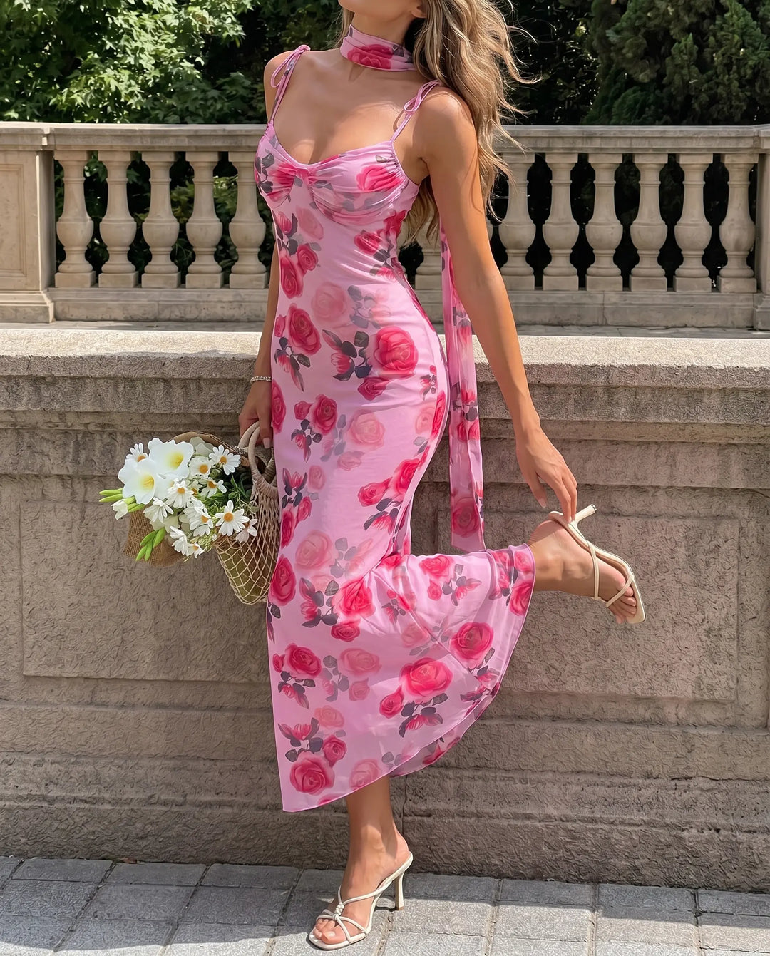 SOLACE  Pink Rose Print Spaghetti Strap Mesh Midi Dress 
