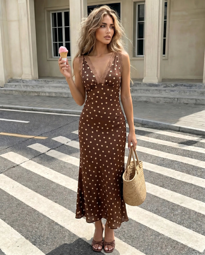 SOLACE  Brown Polka Dot Lace Trim Sleeveless Midi Dress 