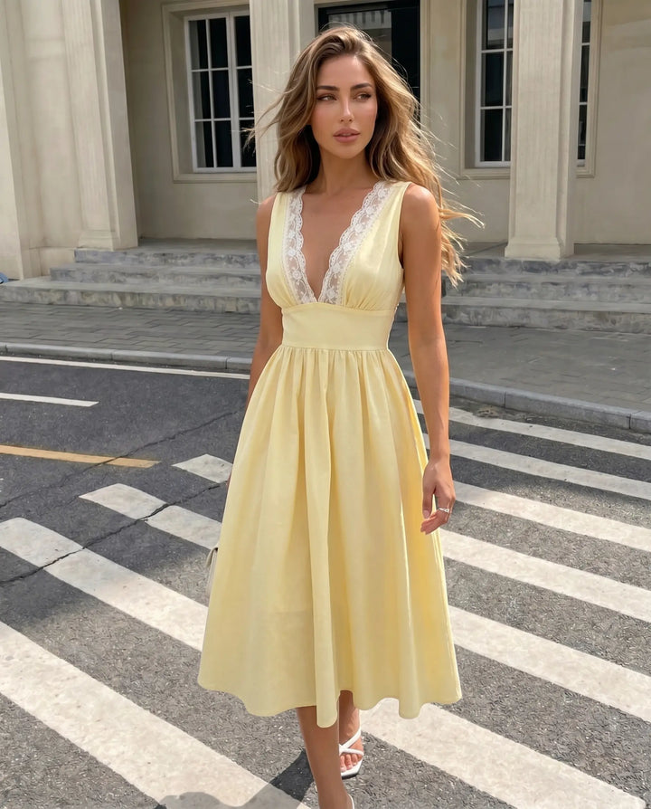 SOLACE  Pastel Yellow Lace Trim V-Neck Fitted Waist Flared Midi Dress 