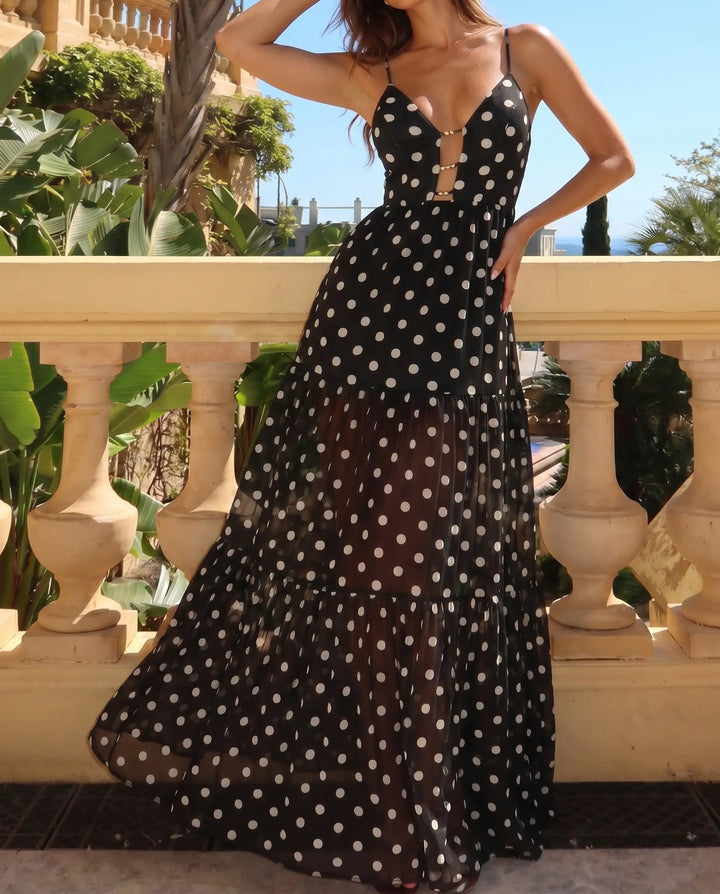 SOLACE  Black V-Neck Polka Dot Chiffon Slim Fit Maxi Beach Dress 