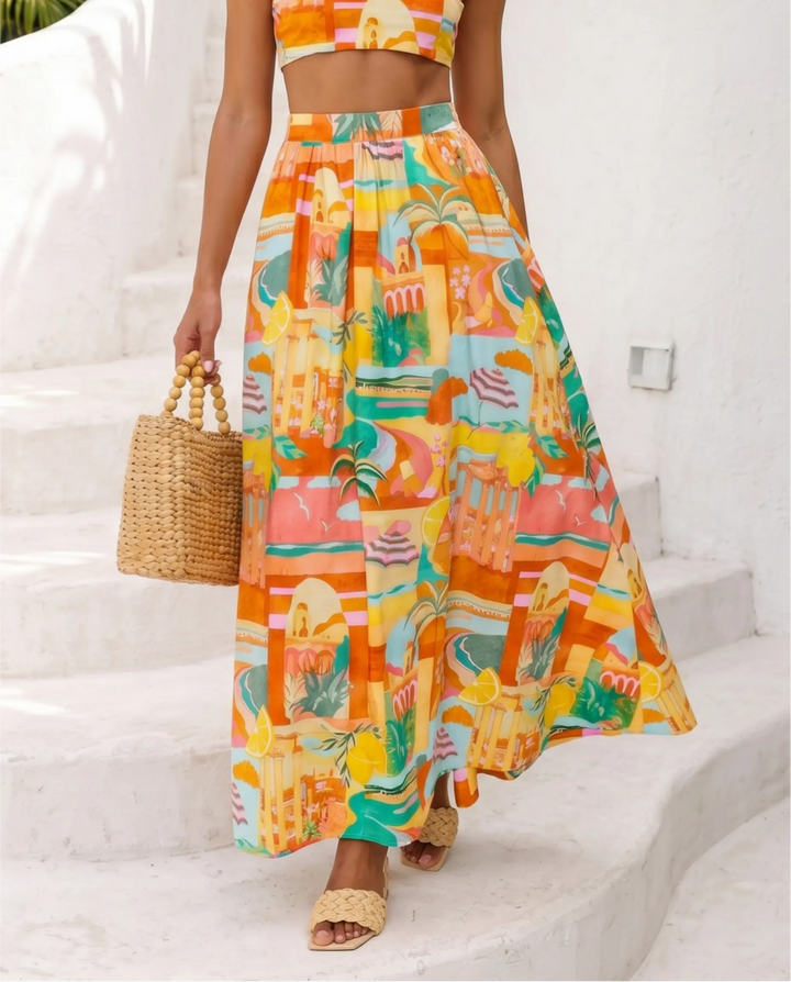 SOLACE  Scenic Print Square Neck Crop Top and Maxi Skirt Two Piece Set 