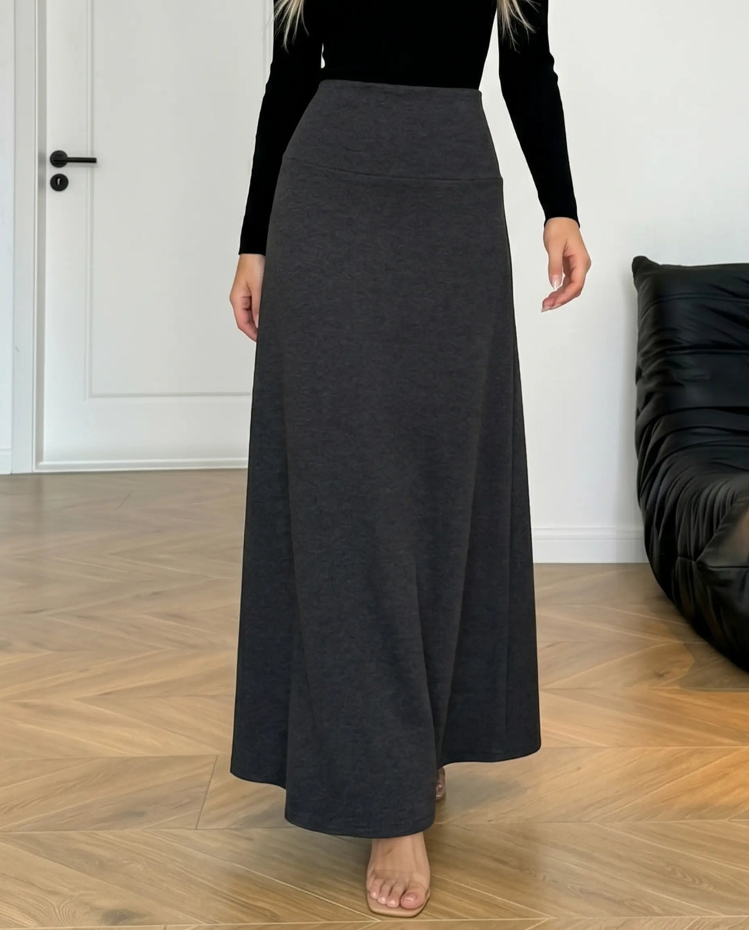 SOLACE  Dark Gray Solid Color High Waist Maxi Skirt 
