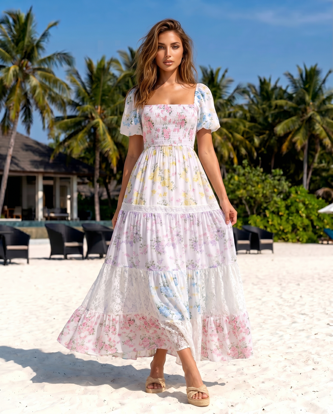 SOLACE  Pastel Floral Print Puff Sleeve Tiered Maxi Dress 
