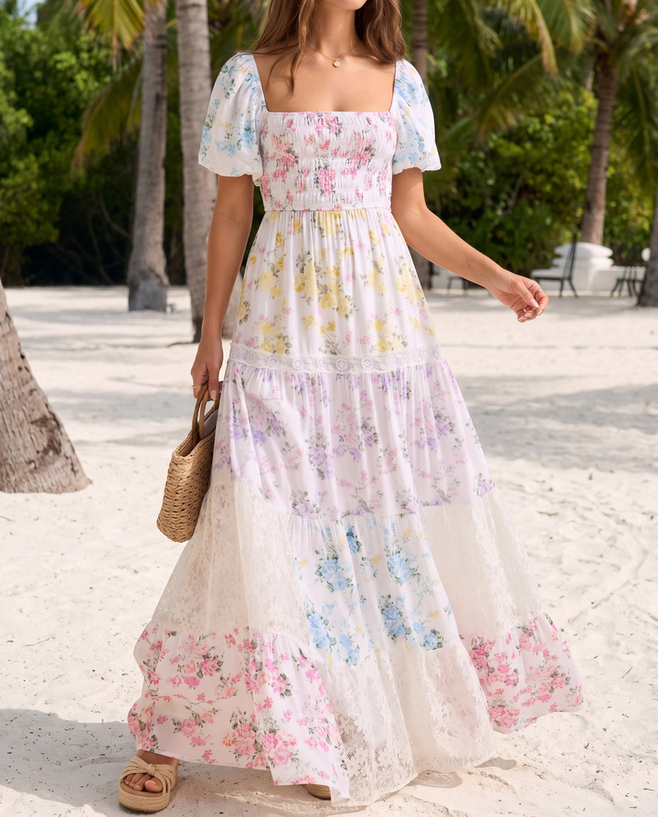SOLACE  Pastel Floral Print Puff Sleeve Tiered Maxi Dress 