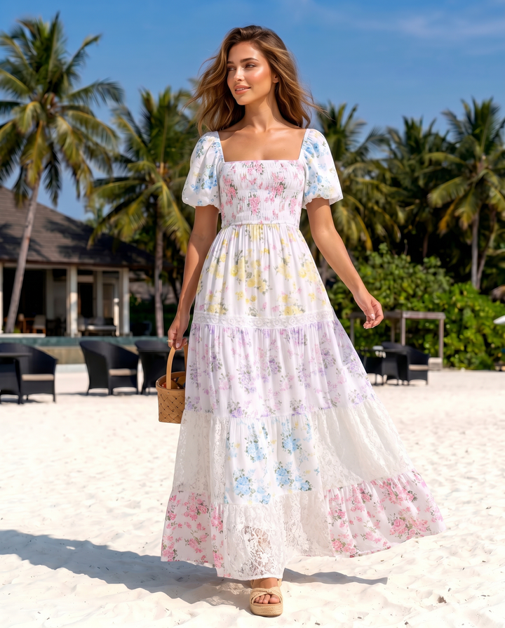 SOLACE  Pastel Floral Print Puff Sleeve Tiered Maxi Dress 