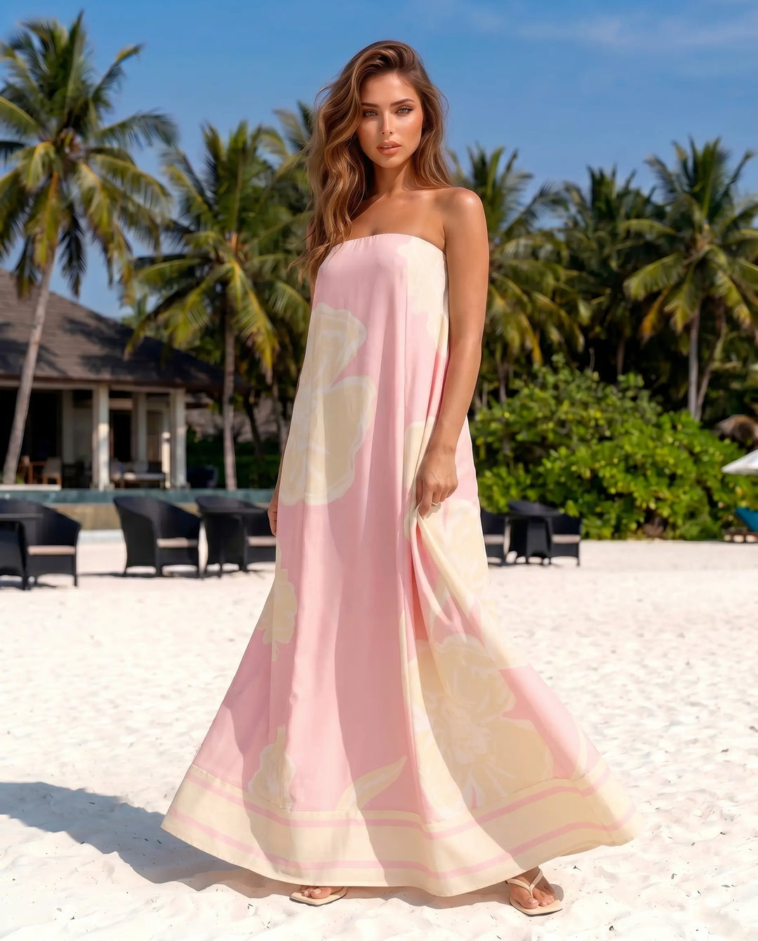 SOLACE  Pink Tropical Lemon Print Loose Fit Maxi Dress 