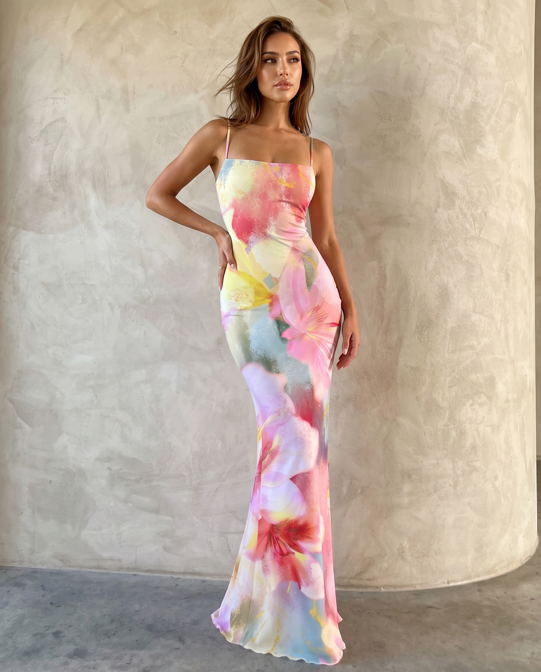 Floral Square Neck Spaghetti Strap Mermaid Maxi Dress
