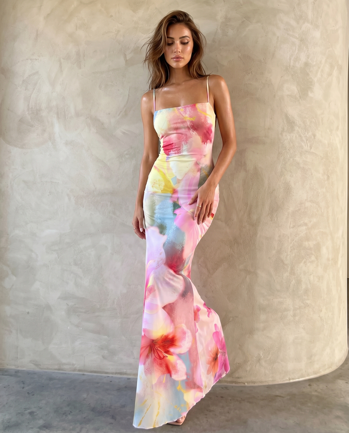 Floral Square Neck Spaghetti Strap Mermaid Maxi Dress