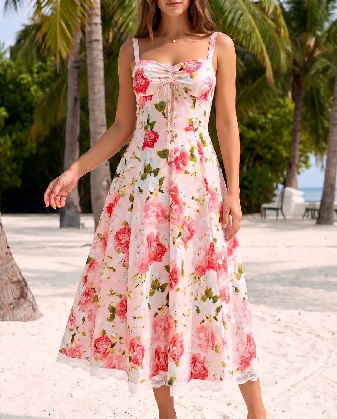 SOLACE  Pink Floral Lace Up Fit and Flare Midi Dress 