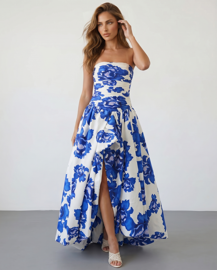 SOLACE  White Blue Floral Strapless Slim Fit Maxi Dress 