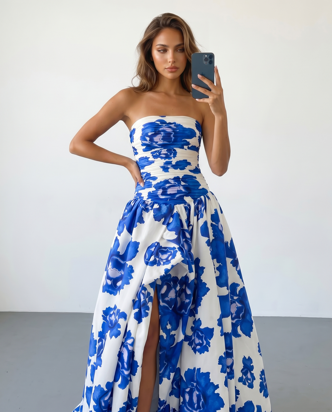 SOLACE  White Blue Floral Strapless Slim Fit Maxi Dress 