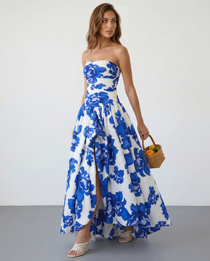 SOLACE  White Blue Floral Strapless Slim Fit Maxi Dress 