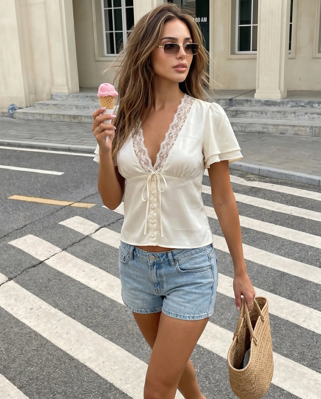 SOLACE  White Satin Lace Trim V-Neck Short Sleeve Blouse 