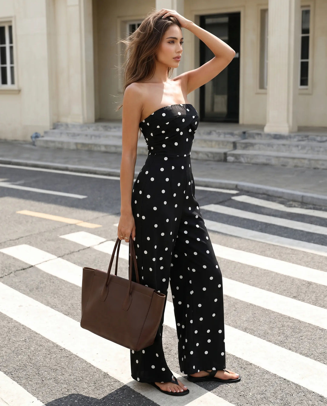 SOLACE  Black Polka Dot Strapless High Waist Wide Leg Jumpsuit 