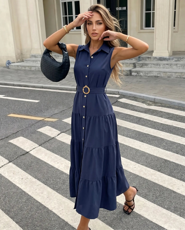 SOLACE  Navy Blue Belted Button Front Regular Fit Midi Shirt Dress 