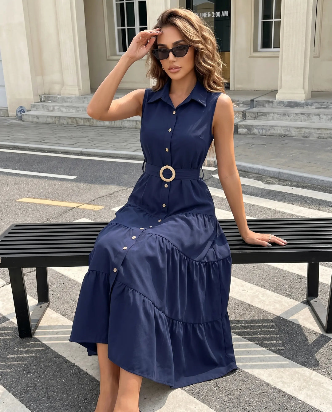 SOLACE  Navy Blue Belted Button Front Regular Fit Midi Shirt Dress 