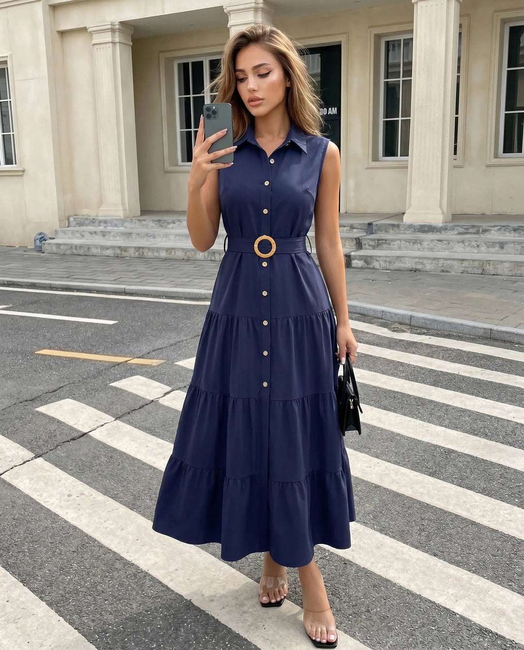 SOLACE  Navy Blue Belted Button Front Regular Fit Midi Shirt Dress 