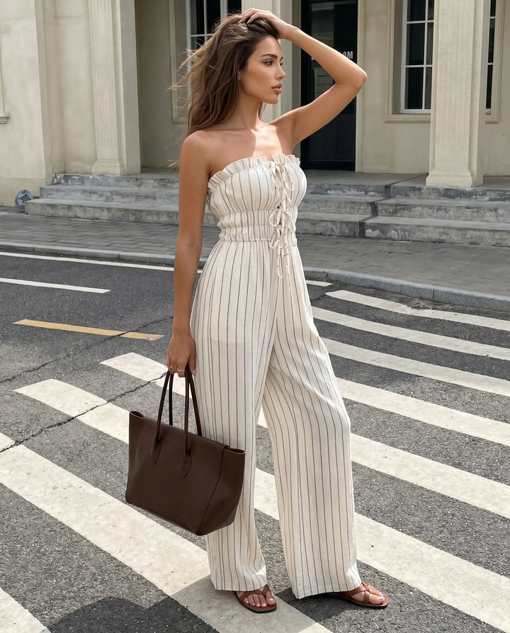 SOLACE  White Striped Lace-up Front Wide Leg Long Jumpsuit 