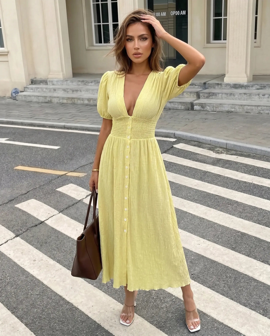 SOLACE  Yellow V-neck Button Front Smocked Slim Fit Midi Dress 