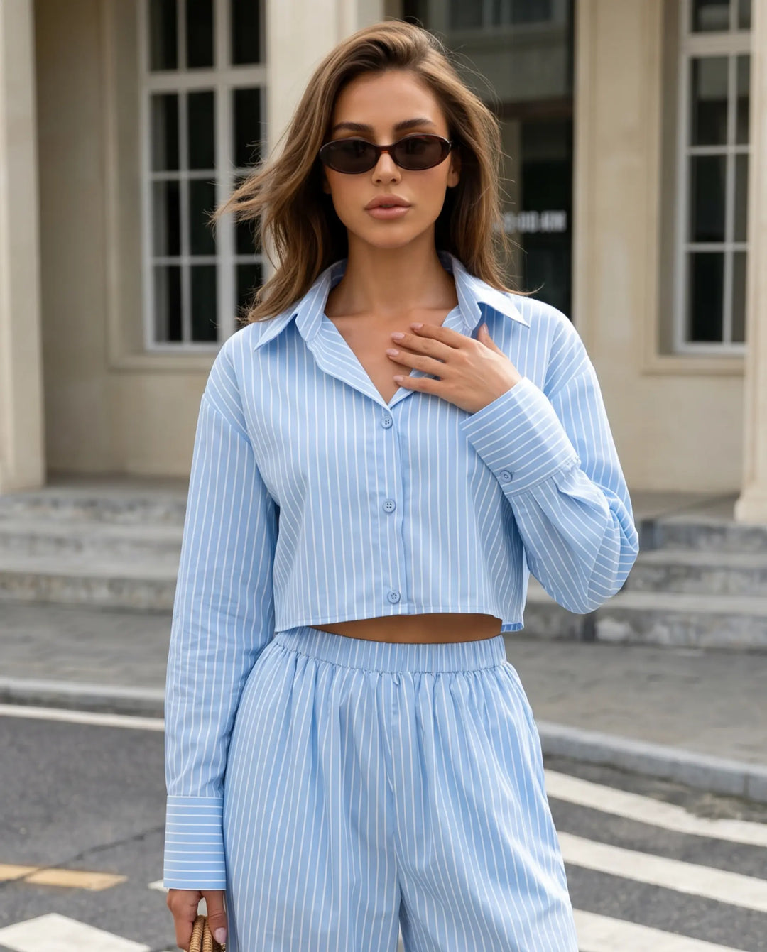 SOLACE  Blue Striped Button Down Relaxed Cropped Shirt 