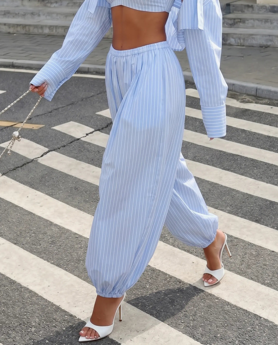 SOLACE  Blue Striped Cotton Harem Relaxed Fit Ankle Length Pants 
