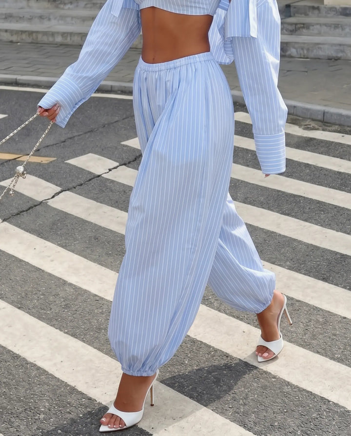 SOLACE  Blue Striped Cotton Harem Relaxed Fit Ankle Length Pants 