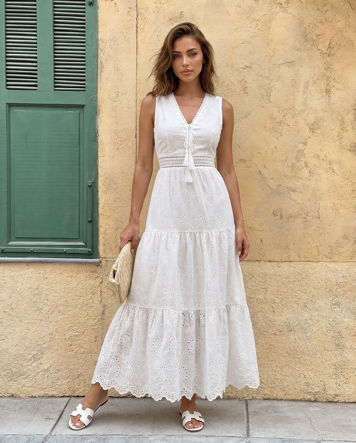 SOLACE  White Eyelet Embroidery Sleeveless Tiered Maxi Dress 