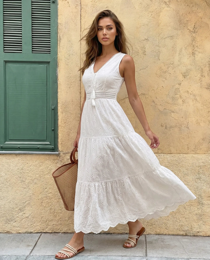 SOLACE  White Eyelet Embroidery Sleeveless Tiered Maxi Dress 