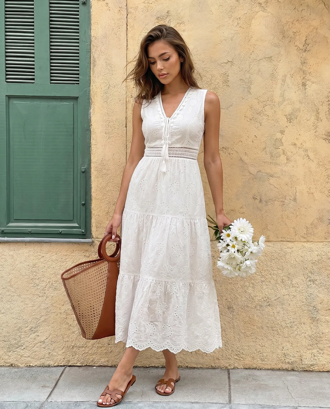 SOLACE  White Eyelet Embroidery Sleeveless Tiered Maxi Dress 
