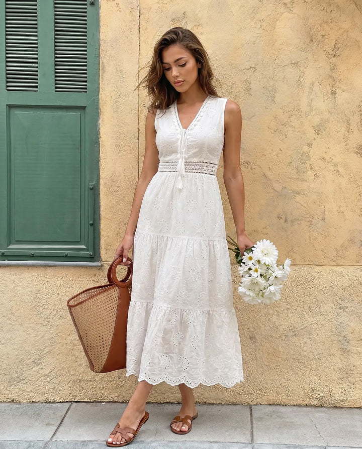 SOLACE  White Eyelet Embroidery Sleeveless Tiered Maxi Dress 