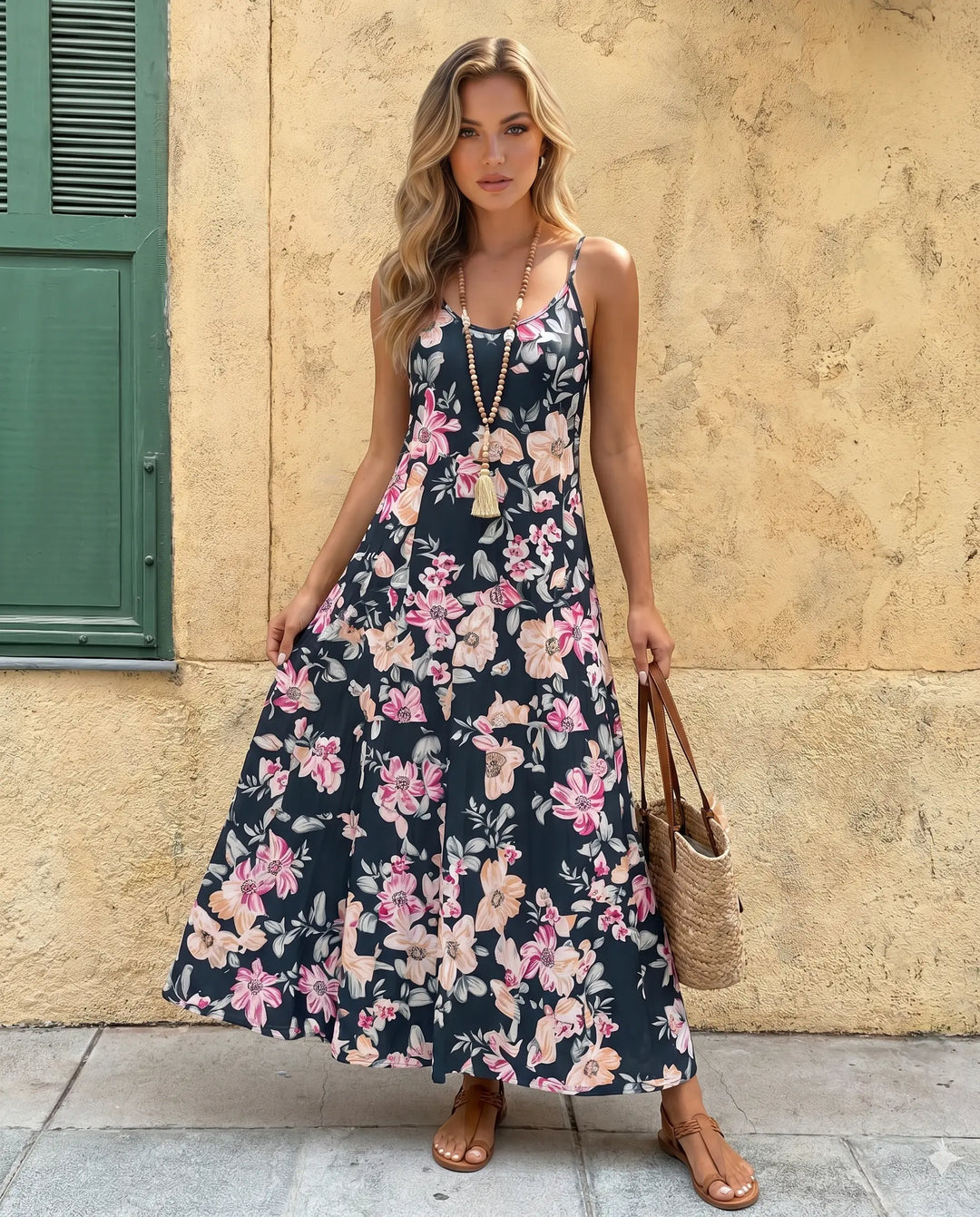 SOLACE  Dark Floral Print V-Neck Spaghetti Strap Maxi Dress 