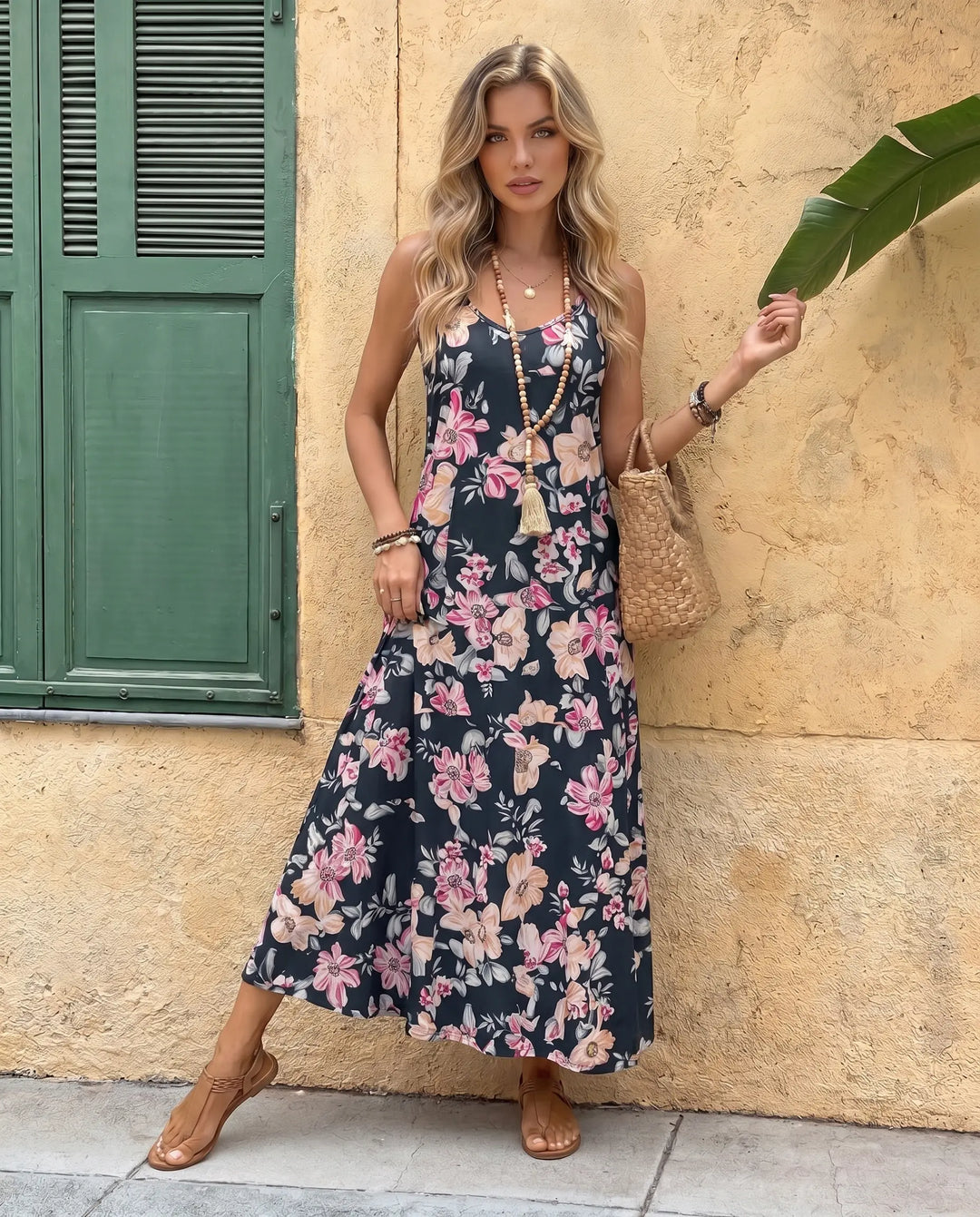 SOLACE  Dark Floral Print V-Neck Spaghetti Strap Maxi Dress 