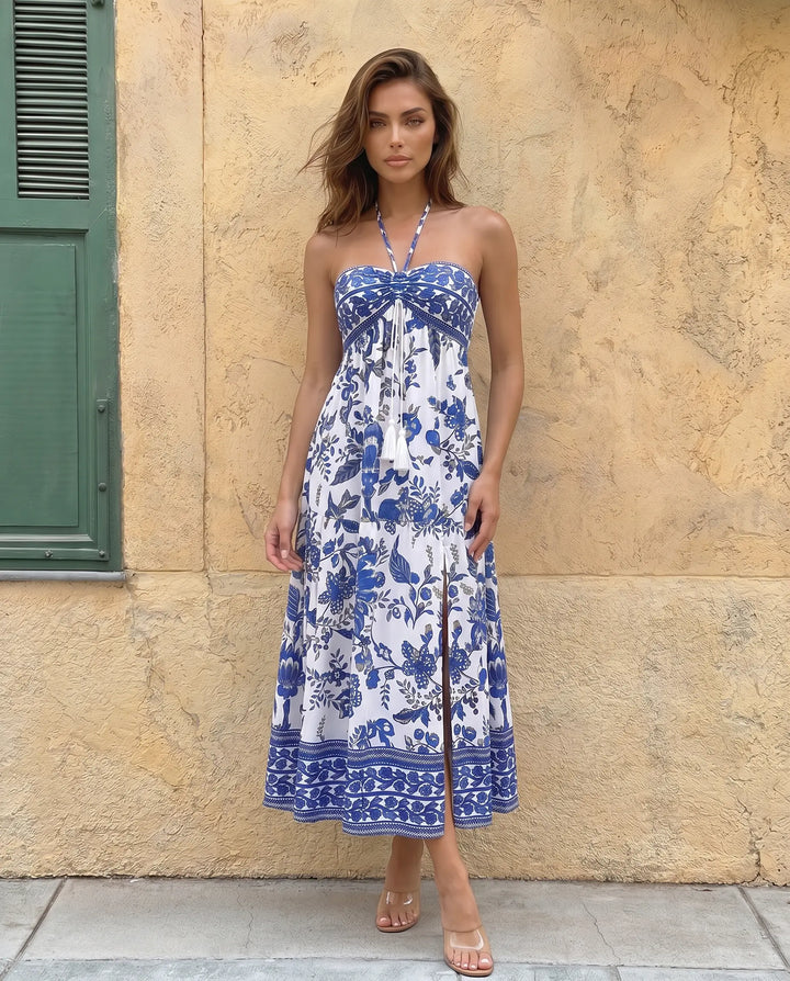 SOLACE  Blue Floral Print Halter Neck Tiered Midi Dress 