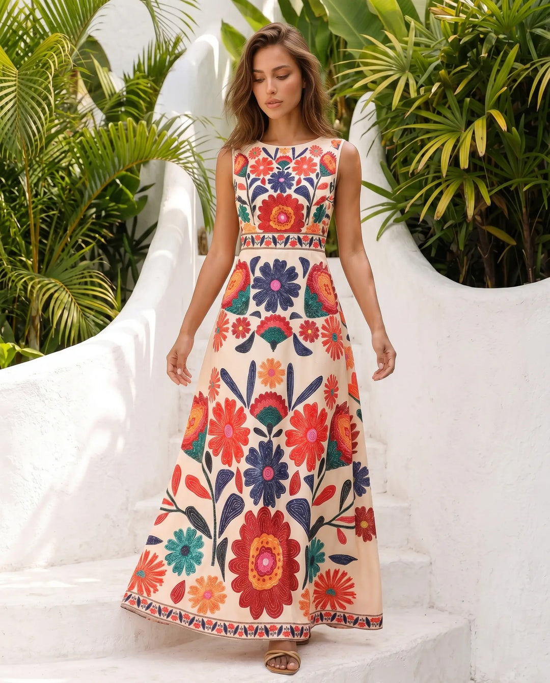 SOLACE  3D Floral Print Round Neck Sleeveless A-Line Maxi Dress 