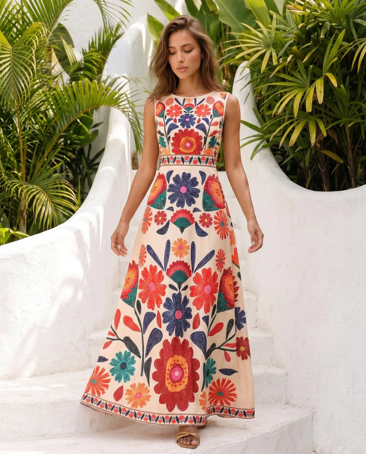 SOLACE  3D Floral Print Round Neck Sleeveless A-Line Maxi Dress 
