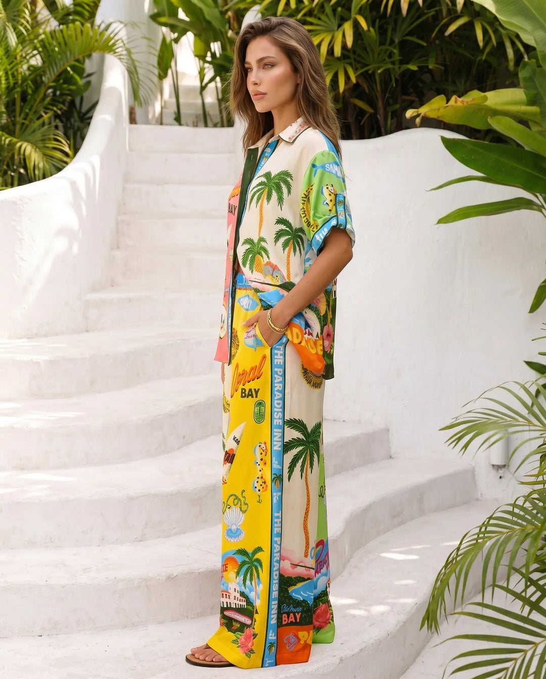 SOLACE  Tropical Print Short Sleeve Shirt and Wide Leg Pants Set 
