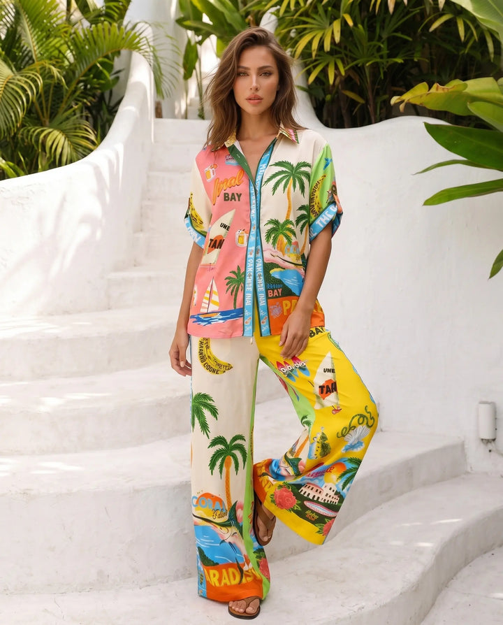 SOLACE  Tropical Print Short Sleeve Shirt and Wide Leg Pants Set 