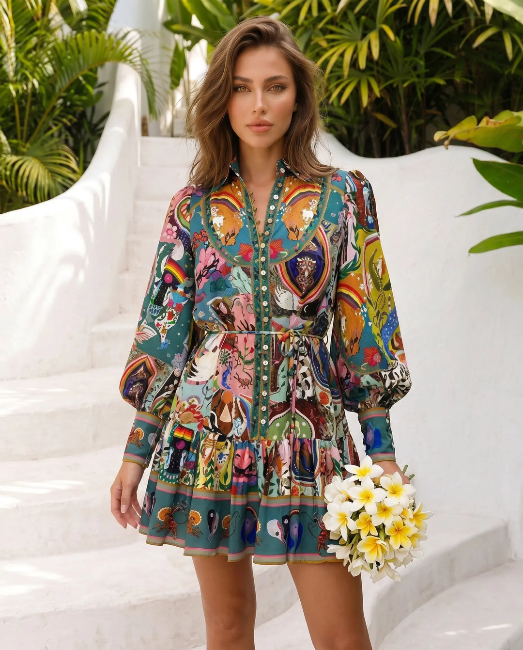 SOLACE  Colorful Art Print Stand Collar Long Sleeve Shirt Dress 