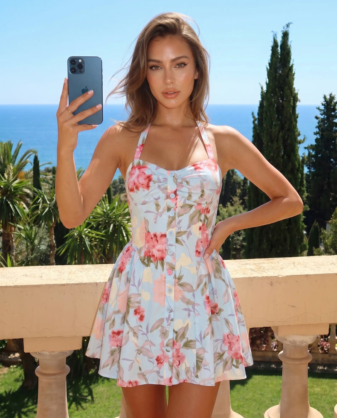 SOLACE  Light Blue Floral Print Button Front Halter Slim Fit Mini Dress 