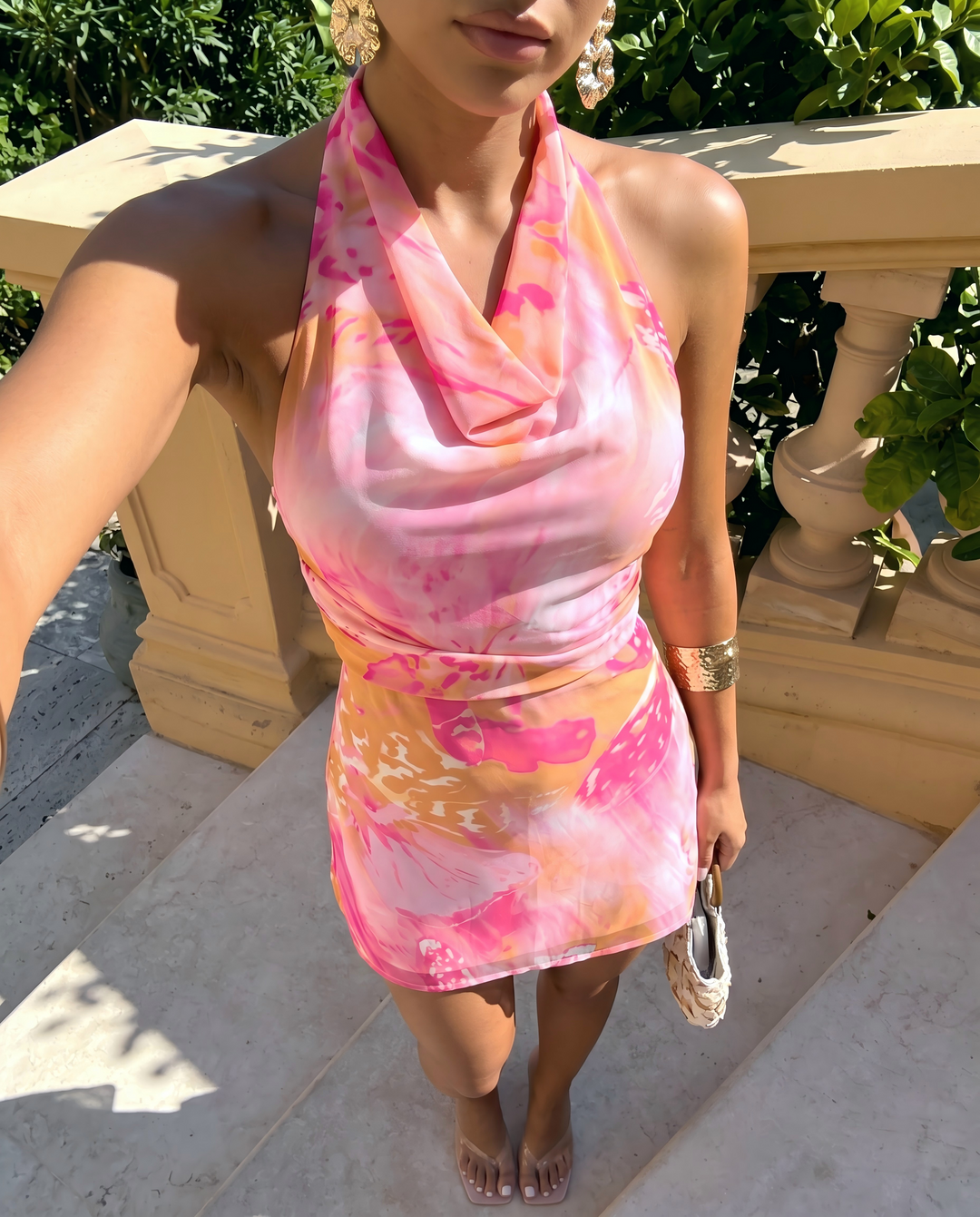 SOLACE  Pink Orange Abstract Print Halter Mini Dress 