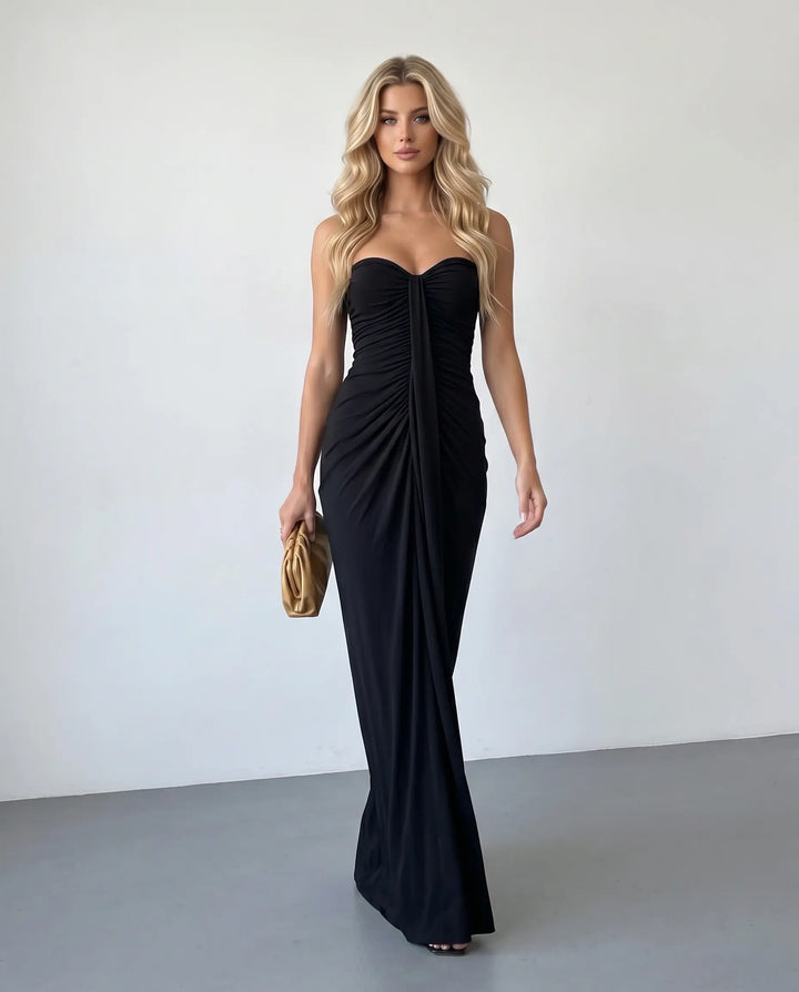 SOLACE  Black Strapless Ruched Draped Mermaid Maxi Dress 