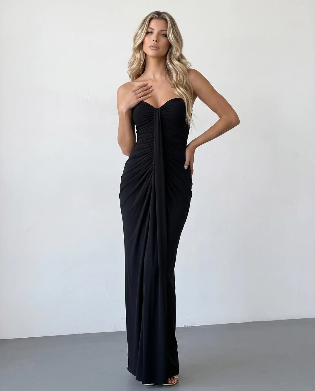 SOLACE  Black Strapless Ruched Draped Mermaid Maxi Dress 