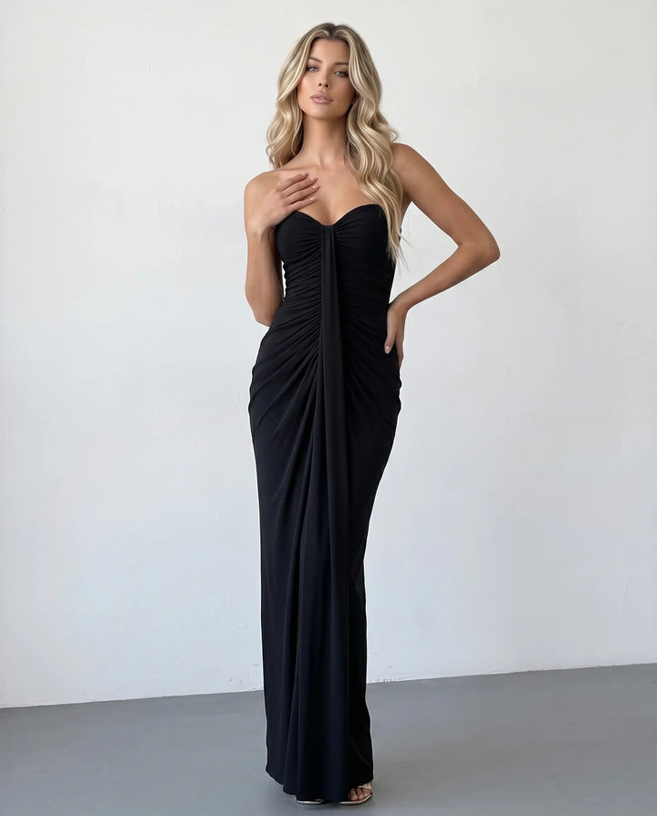 SOLACE  Black Strapless Ruched Draped Mermaid Maxi Dress 