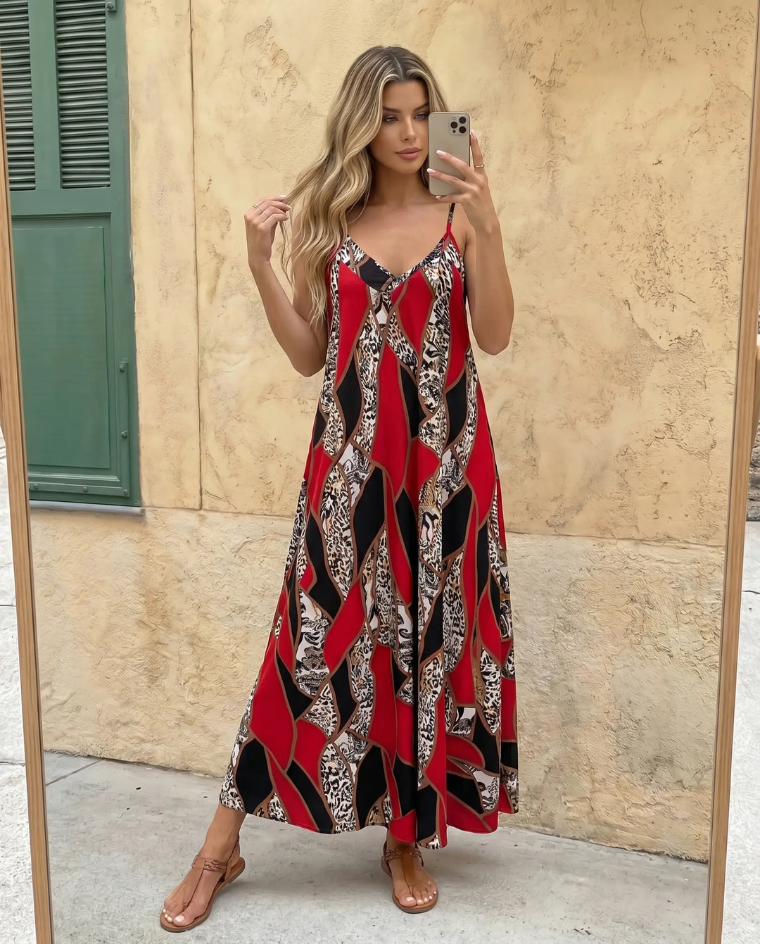 SOLACE  Leopard Print V Neck Spaghetti Strap Maxi Dress 