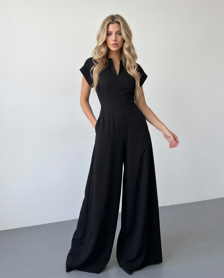 SOLACE  Black Fitted Waist Full Length Jumpsuit 