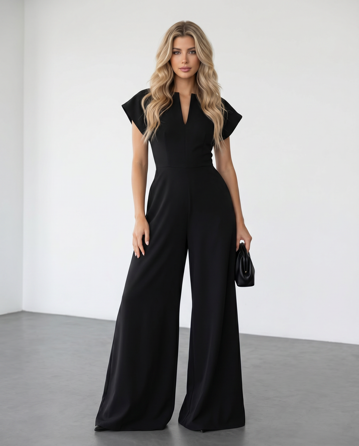 SOLACE  Black Fitted Waist Full Length Jumpsuit 