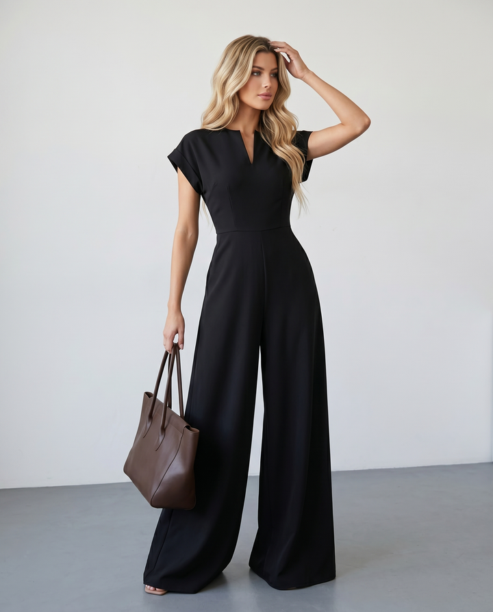 SOLACE  Black Fitted Waist Full Length Jumpsuit 