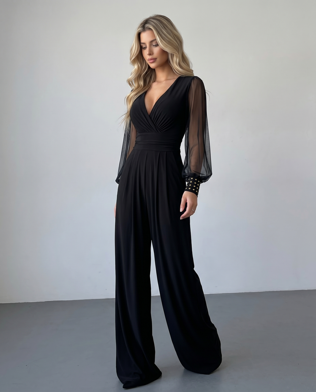 SOLACE  Black Sheer Mesh Sleeve Studded Cuff Slim Fit Long Jumpsuit 