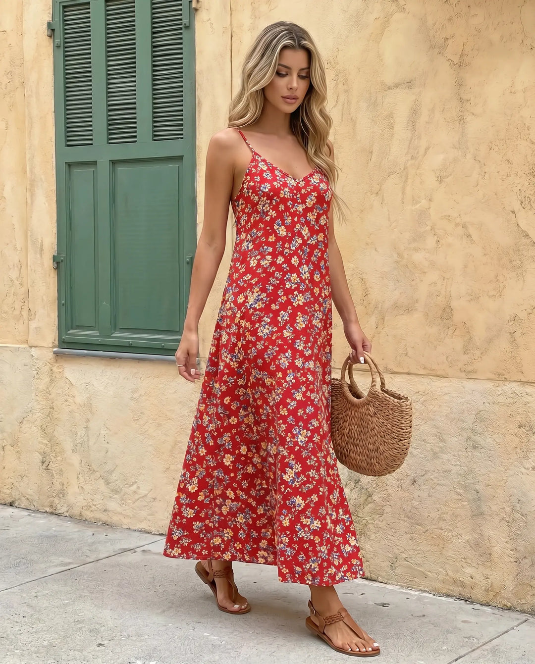 SOLACE  Red Floral Print V-Neck Spaghetti Strap Maxi Dress 
